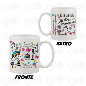 Tazza unicorni cavallo con corno cup unicorn rainbow gelato lecca lecca ciupa colore fantasy fantasia unicorno star stelle wish desideri love scritte corno cavallo fronte retro