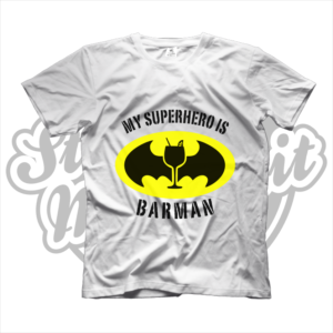 t-shirt maglietta maglia my superhero is barman cocktail aperitivo simpatica bicchiere